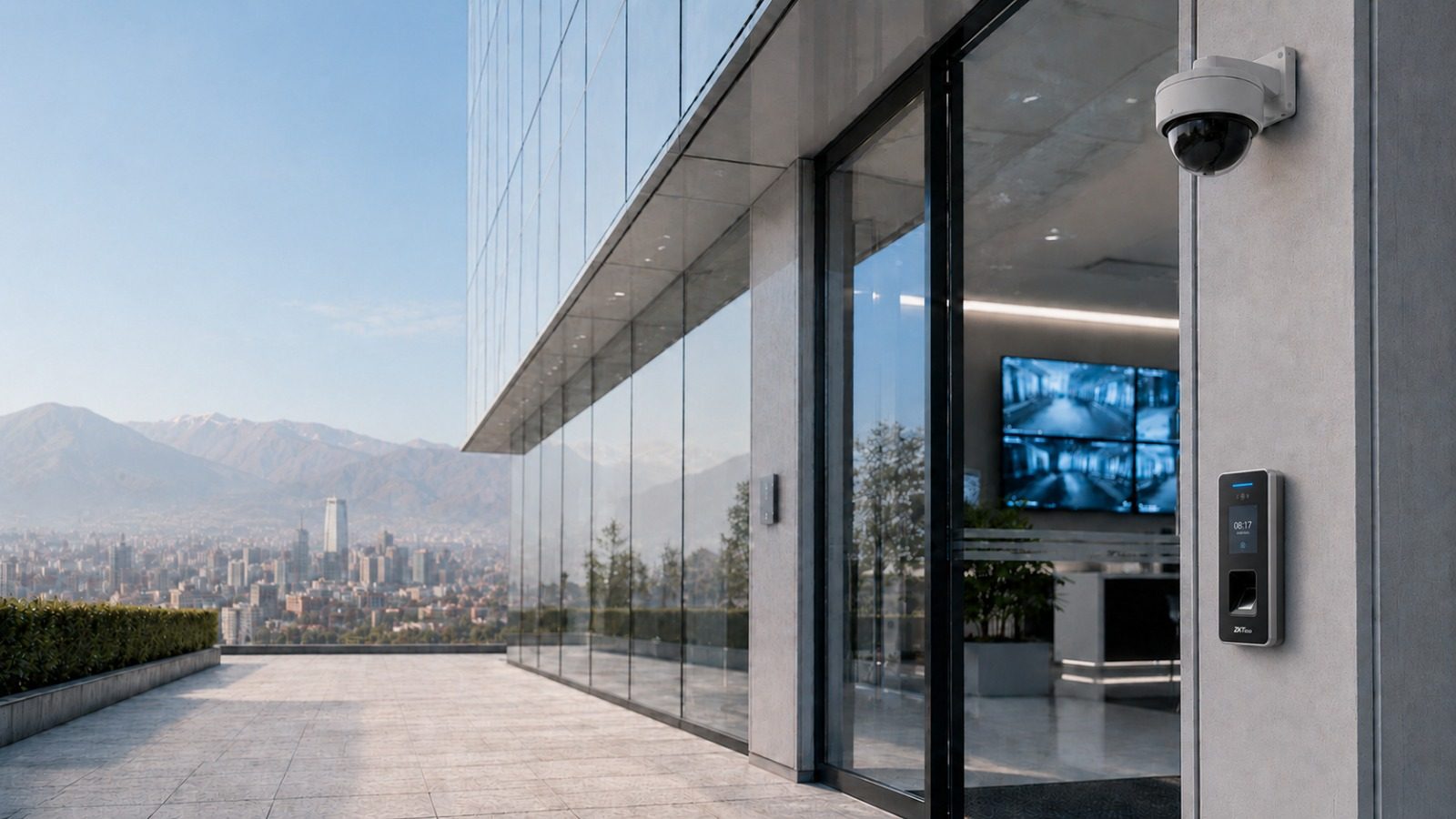 Sistema de control de acceso biométrico y cámara de seguridad instalados en el acceso de un edificio corporativo